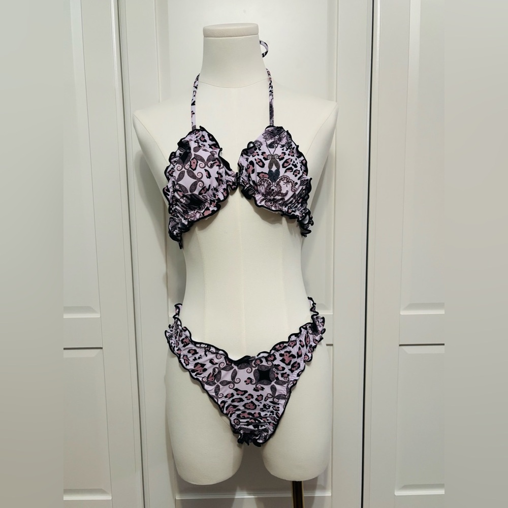 Ruffled Two-Piece Bikini Set in Lavender and Black Print in Sizes S, M, L